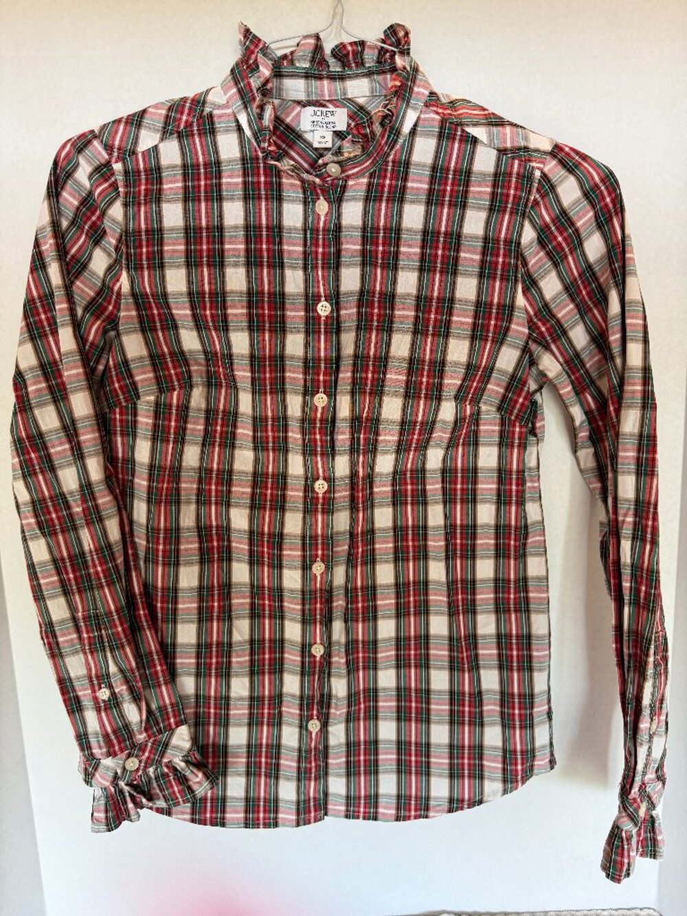 J Crew Factory Women's Ruffle collar and sleeve button down shirt A-006